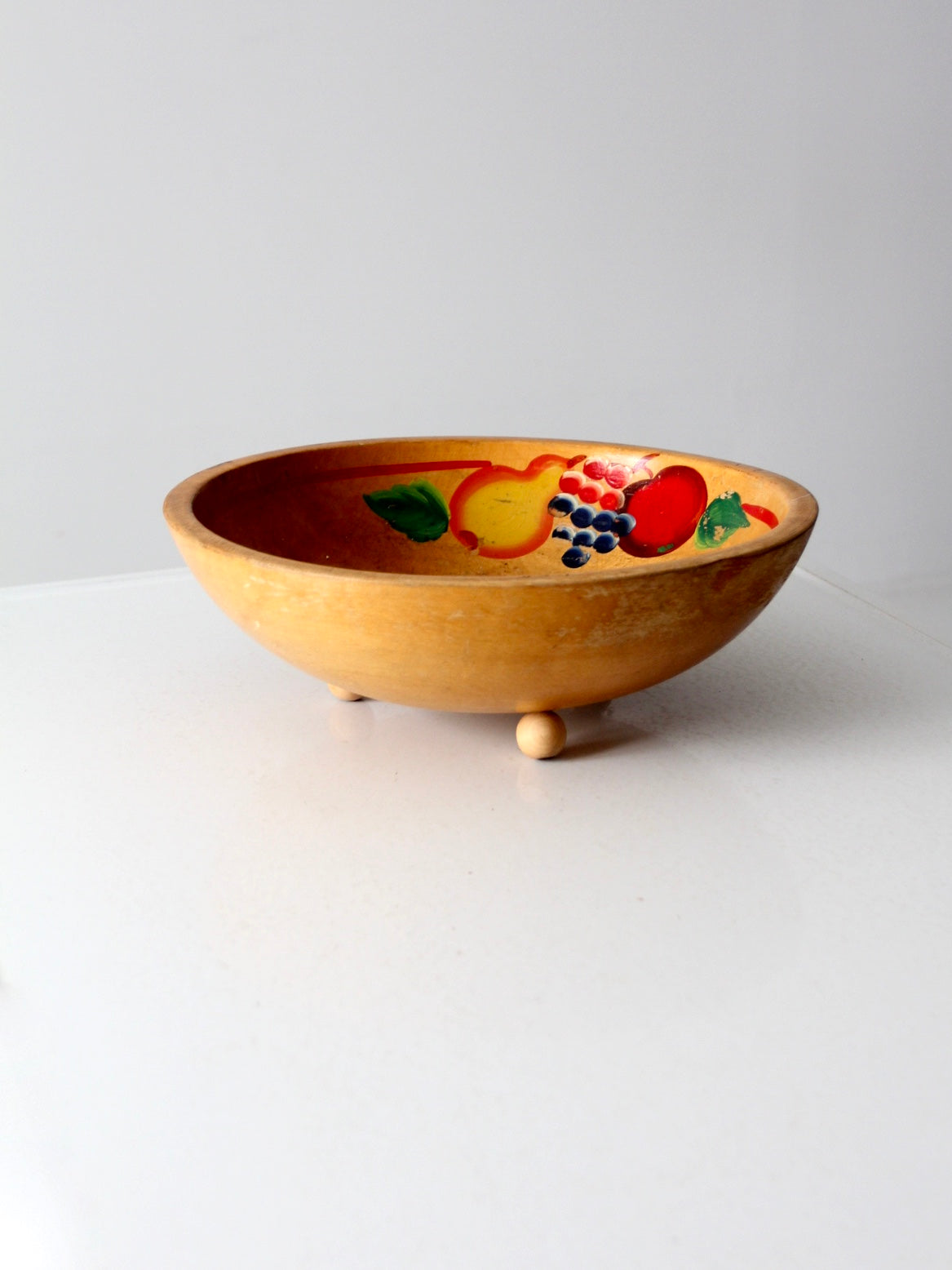 mid-century hand-painted wooden footed bowl