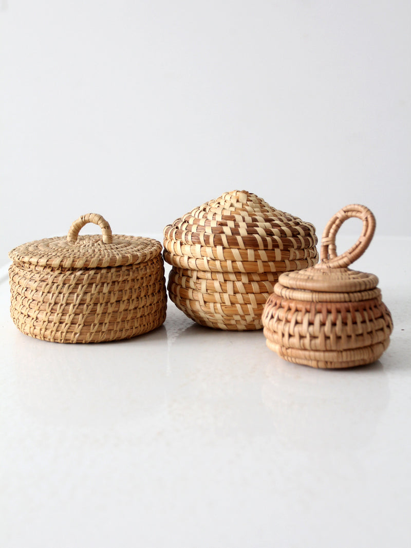 vintage hand woven grass basket set of 3