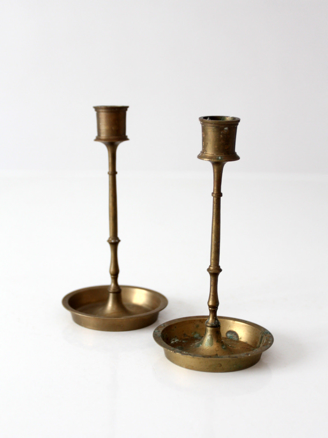 mid-century engraved brass candlesticks pair