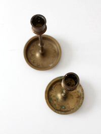 mid-century engraved brass candlesticks pair