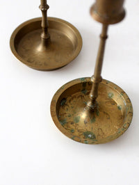 mid-century engraved brass candlesticks pair