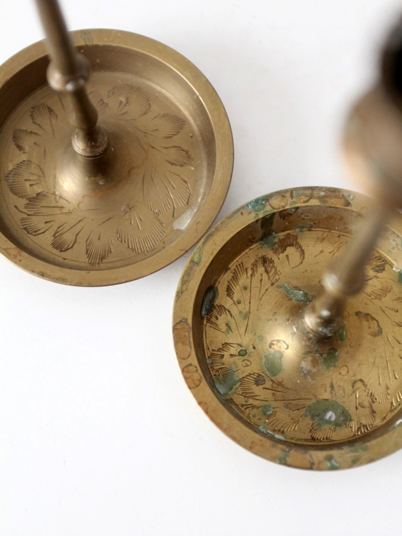 mid-century engraved brass candlesticks pair