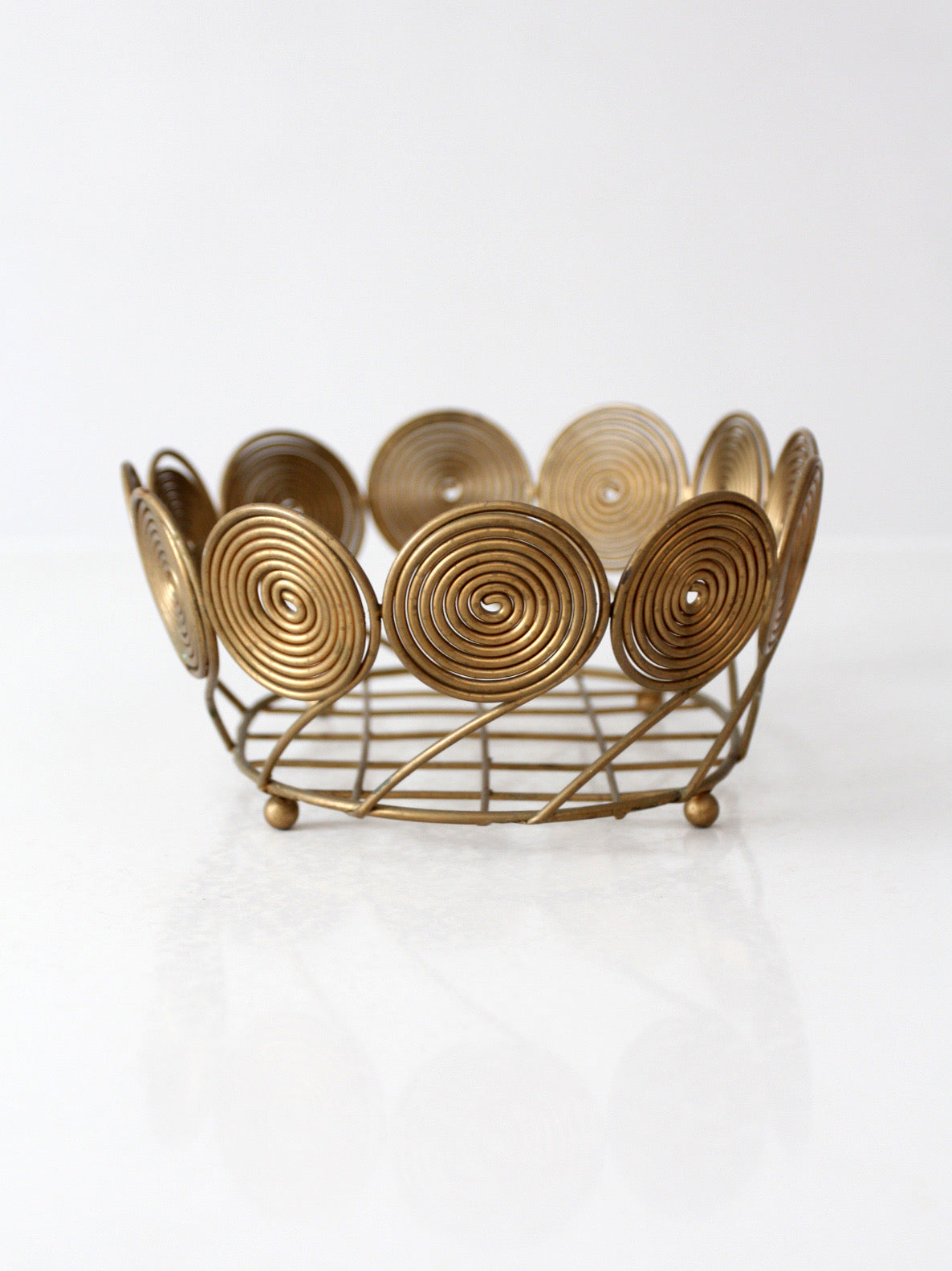 mid-century brass plated wire spiral fruit basket