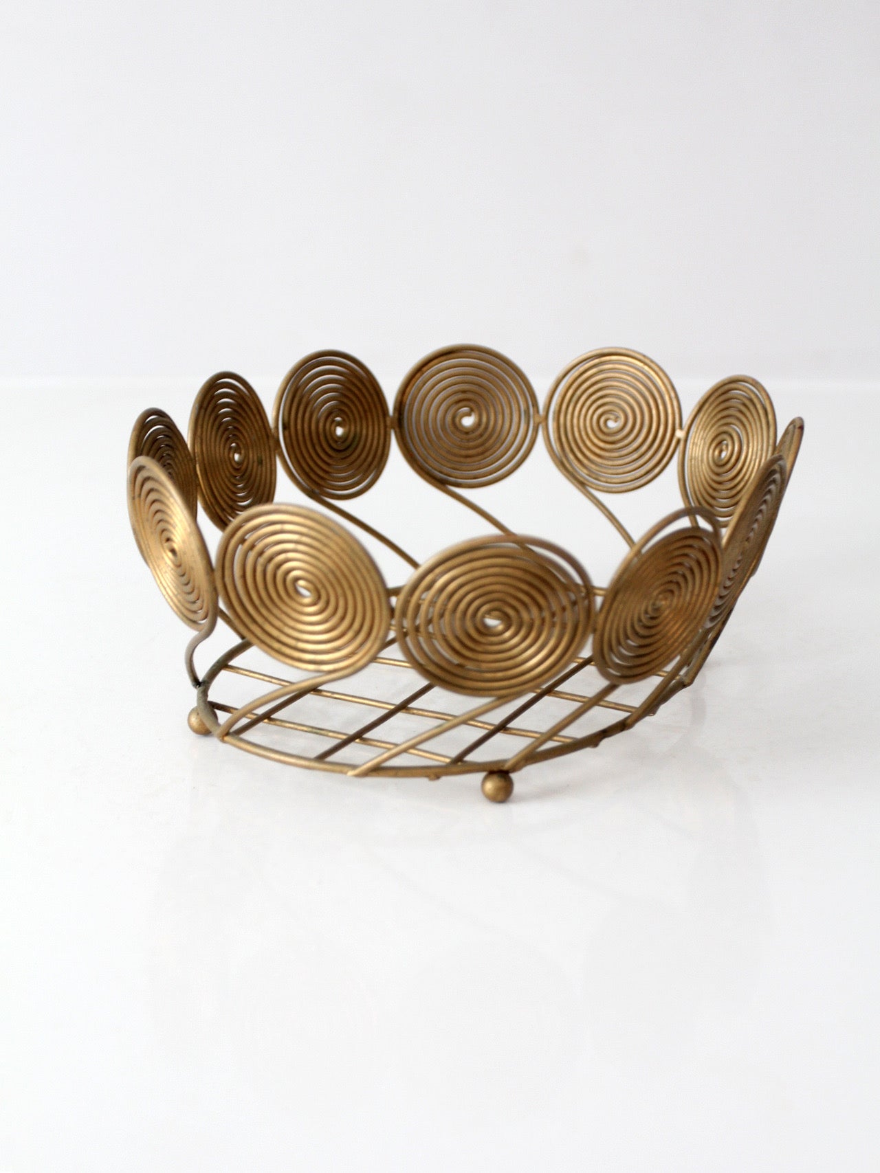 mid-century brass plated wire spiral fruit basket