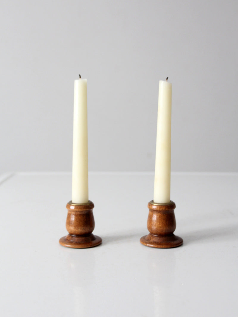 vintage wooden candlestick holders pair