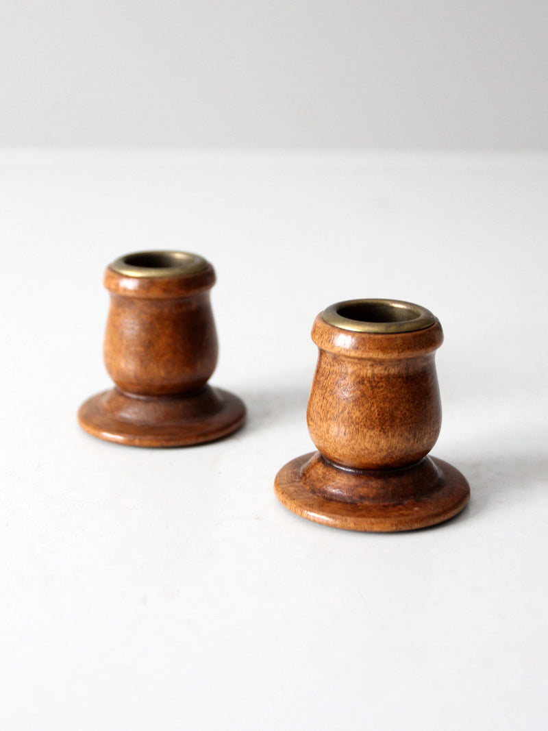vintage wooden candlestick holders pair
