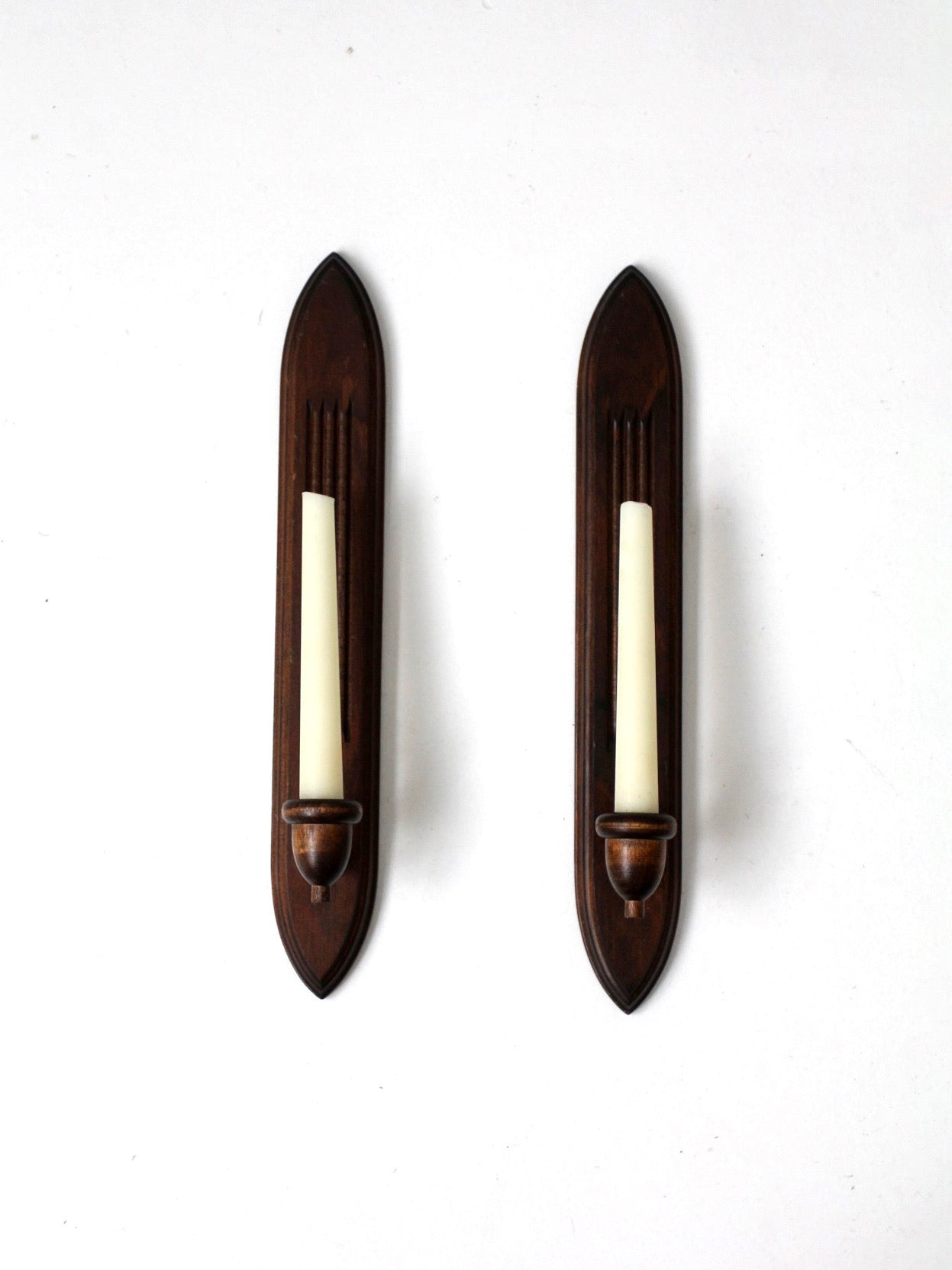 pair of mid-century gothic revival wood wall candle sconces