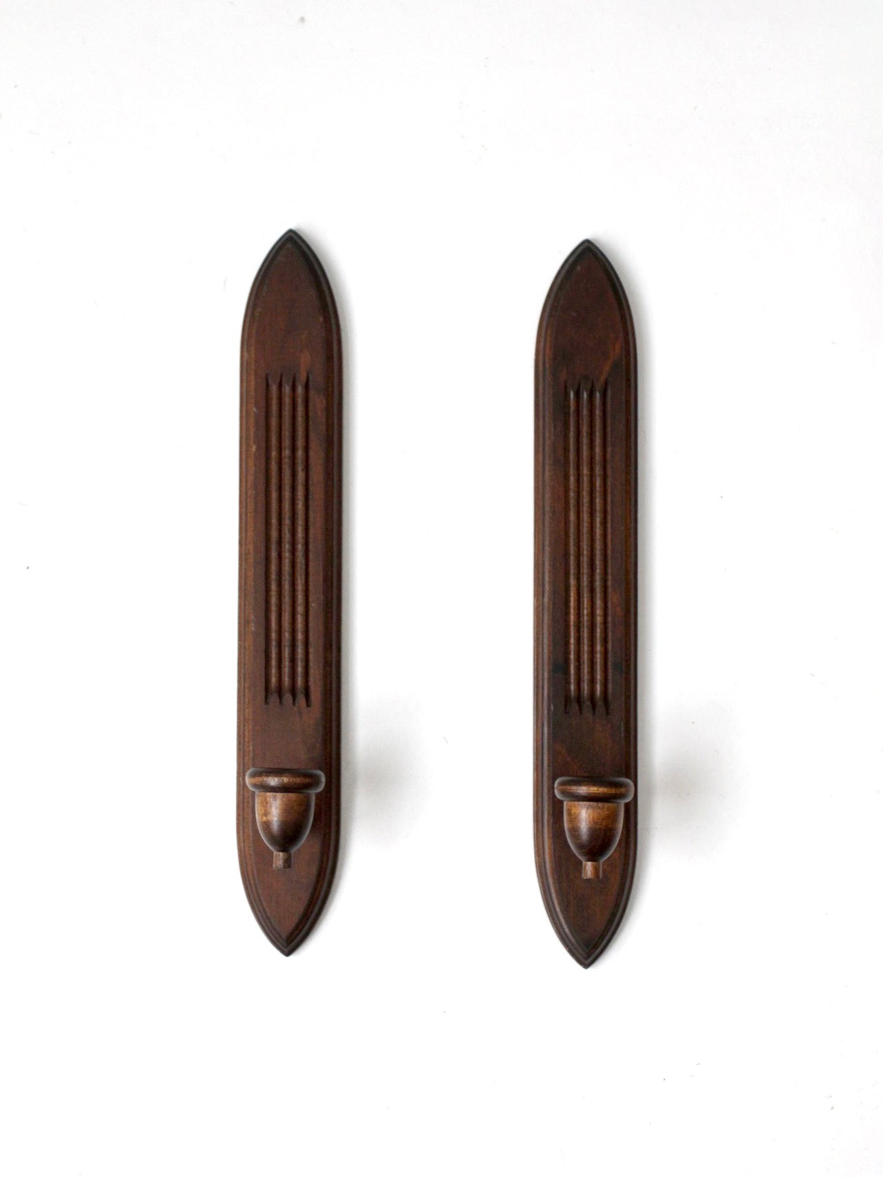 pair of mid-century gothic revival wood wall candle sconces