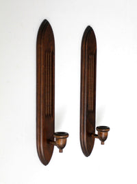 pair of mid-century gothic revival wood wall candle sconces