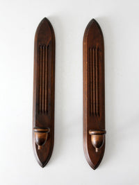 pair of mid-century gothic revival wood wall candle sconces
