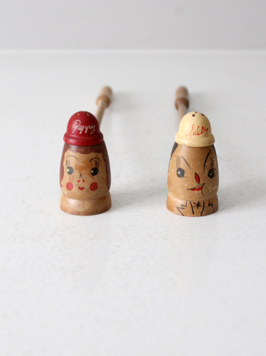 mid-century wooden novelty salt and pepper shakers