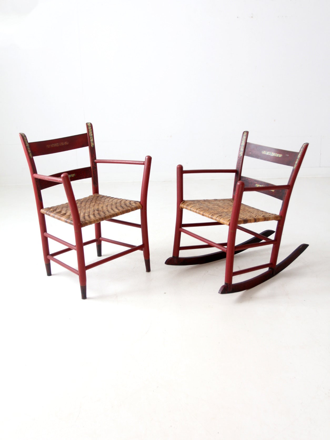 antique painted woven seat chairs set of 2