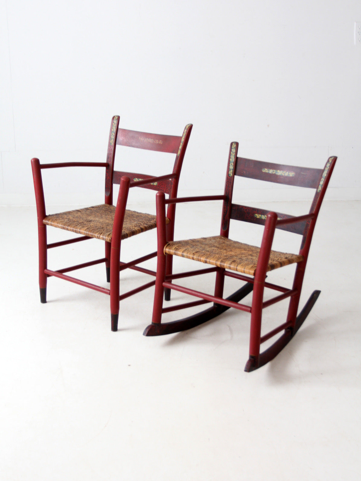 antique painted woven seat chairs set of 2