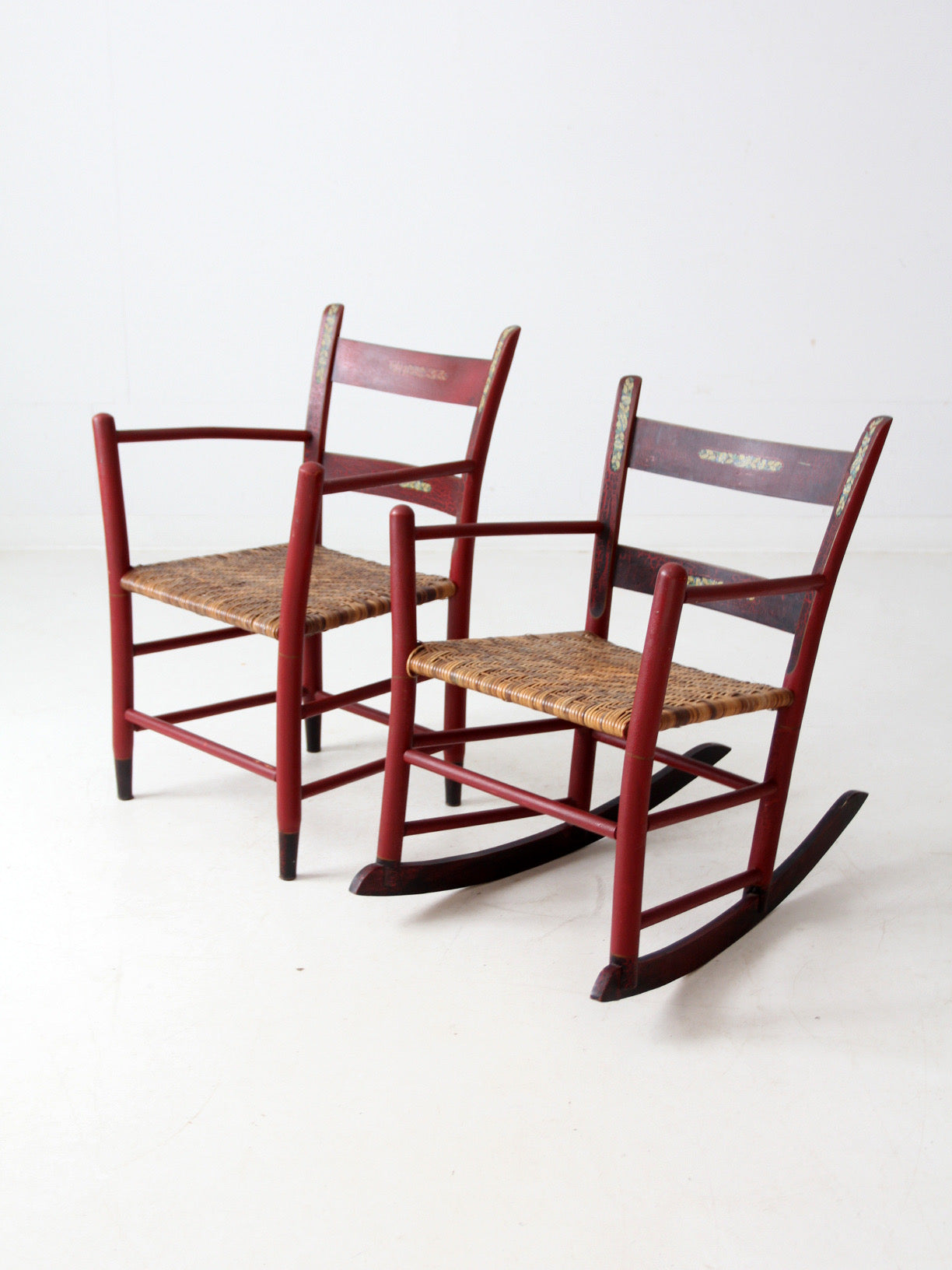 antique painted woven seat chairs set of 2