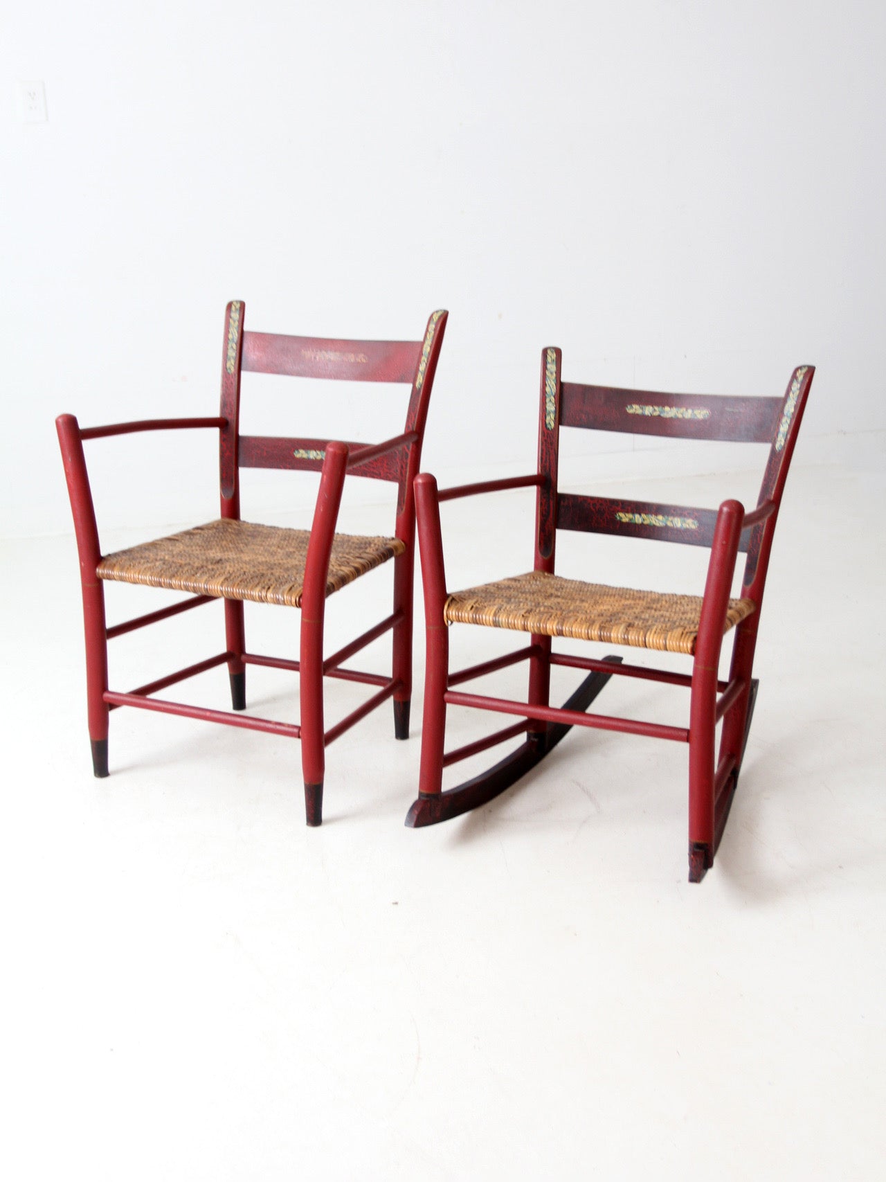 antique painted woven seat chairs set of 2