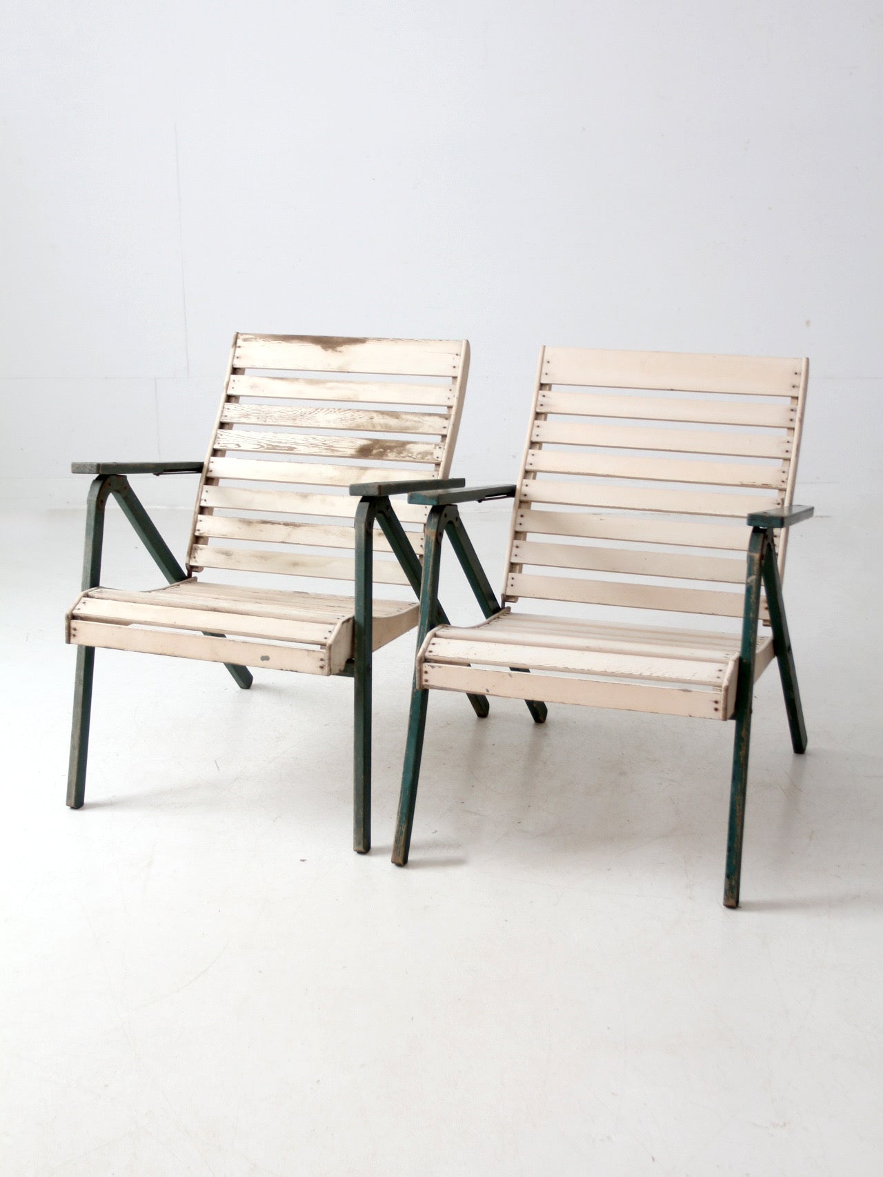 vintage slat wood folding chairs pair