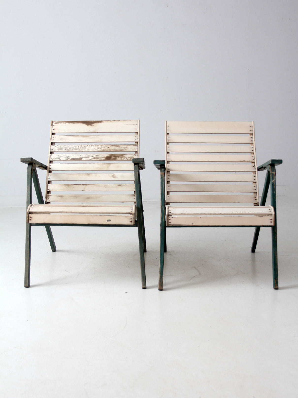 vintage slat wood folding chairs pair