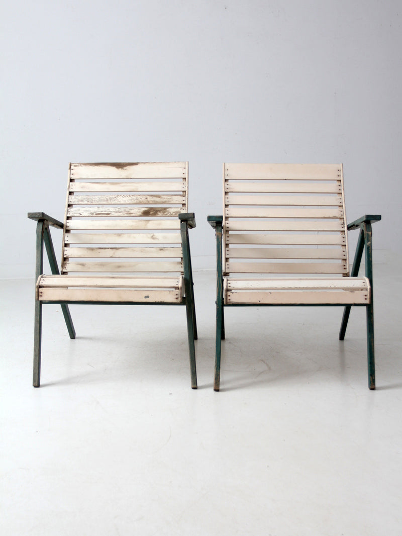 vintage slat wood folding chairs pair