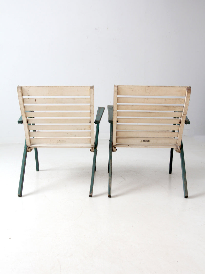 vintage slat wood folding chairs pair