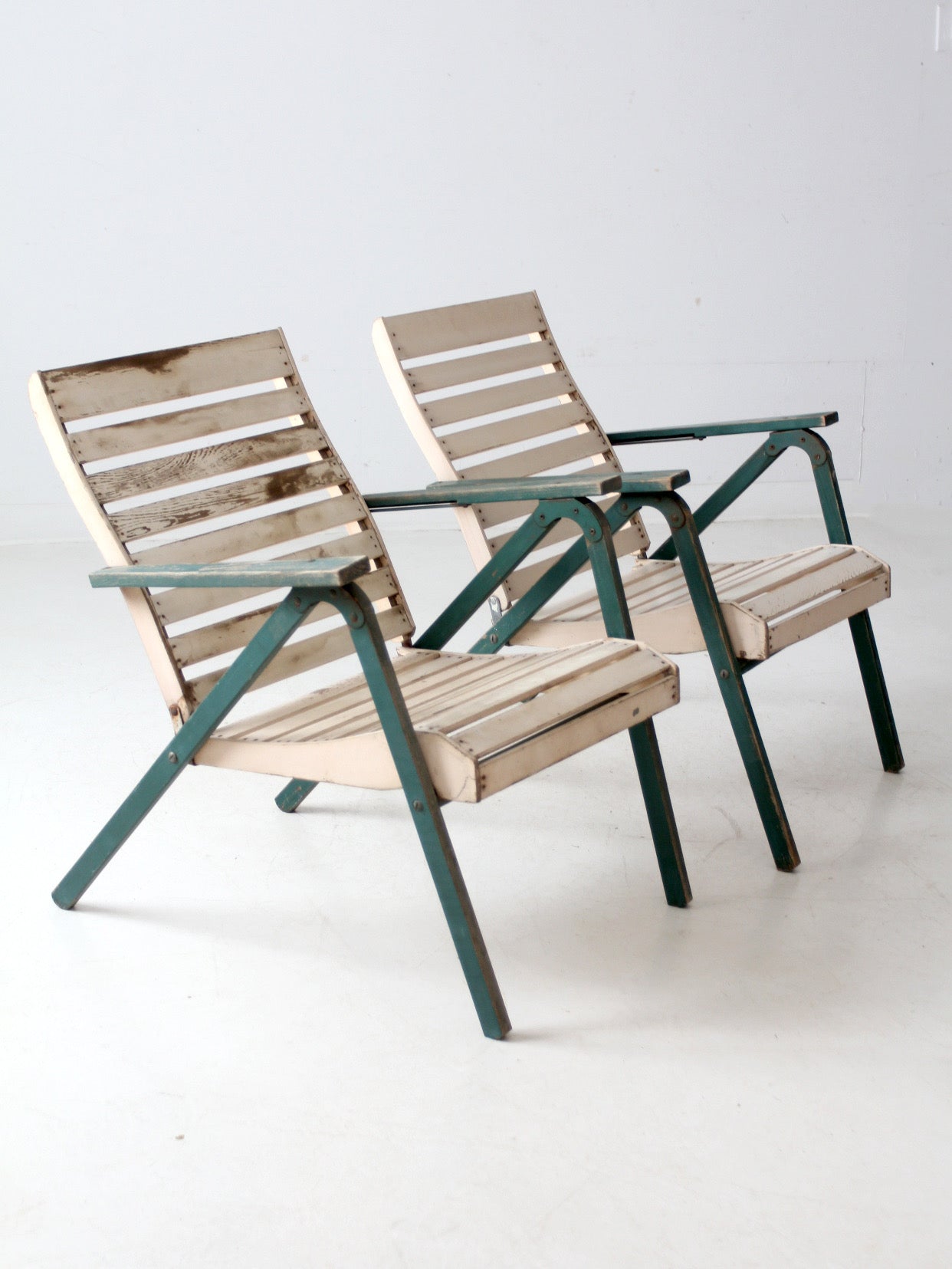 vintage slat wood folding chairs pair