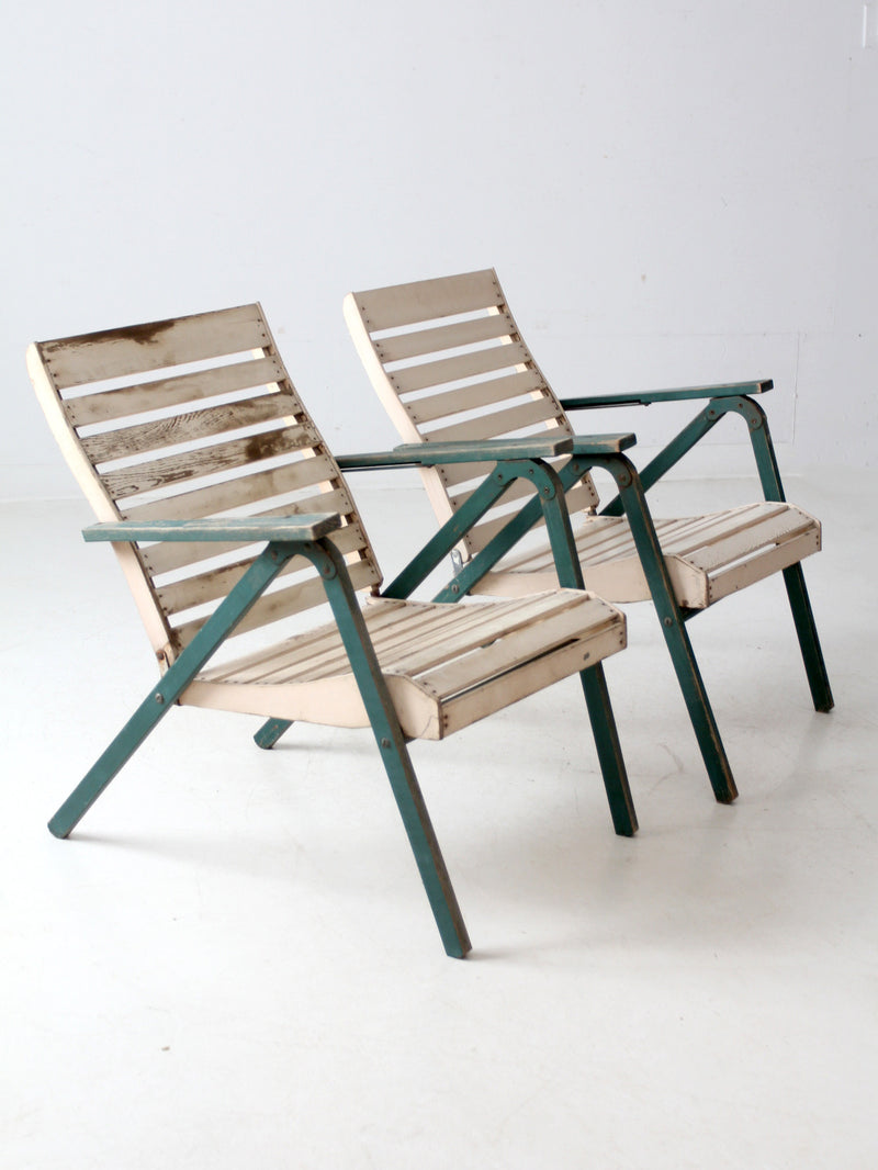 vintage slat wood folding chairs pair