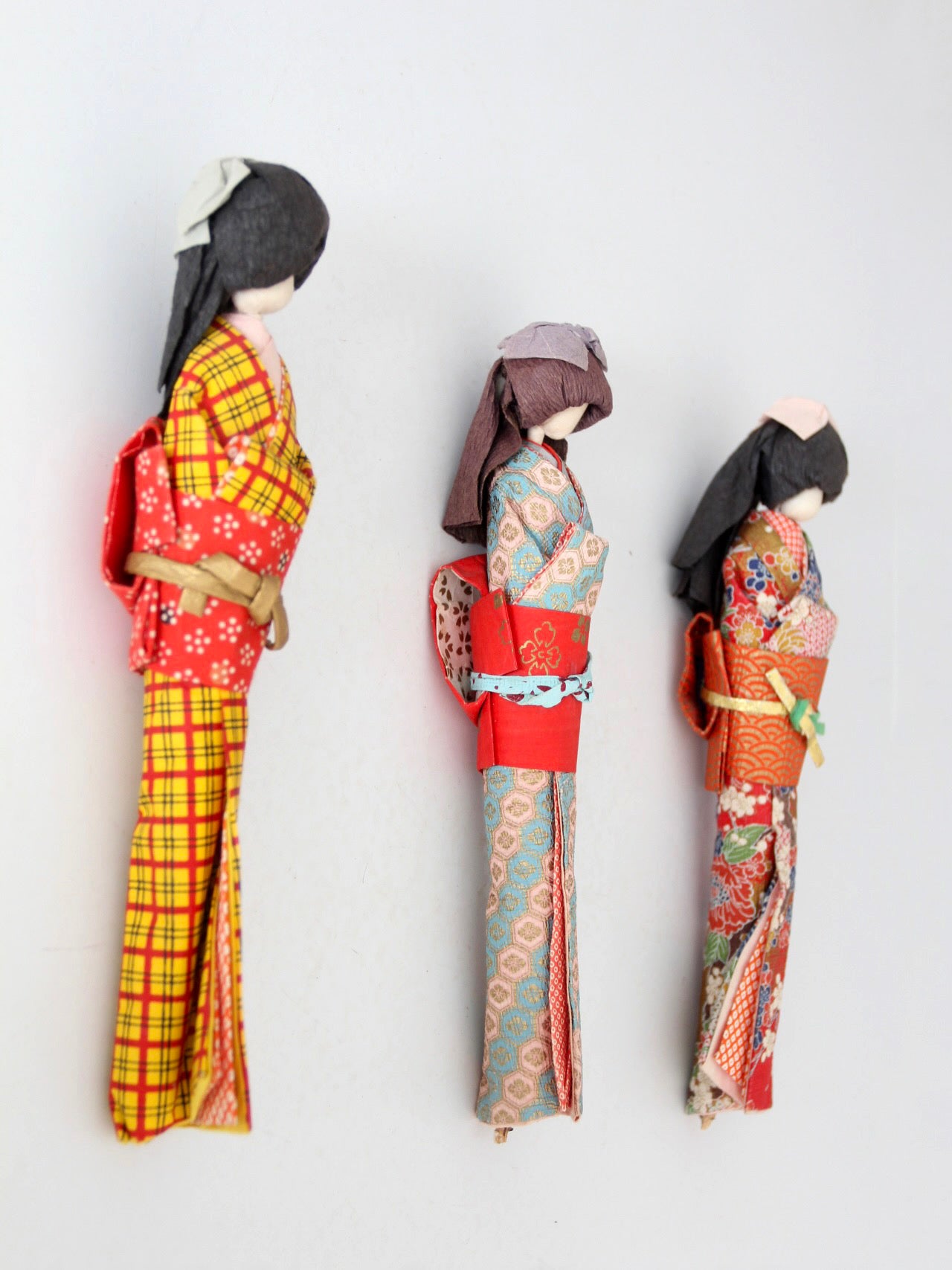 mid-century Japanese folk art kimono dolls