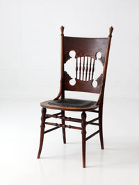 antique Eastlake Victorian oak side chair with leather seat