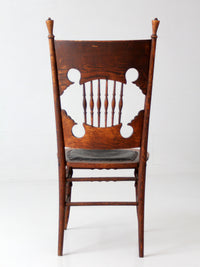 antique Eastlake Victorian oak side chair with leather seat