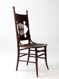 antique Eastlake Victorian oak side chair with leather seat
