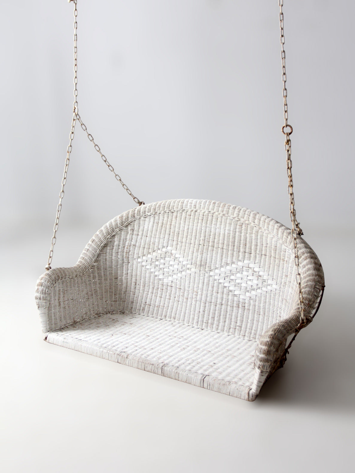 vintage white wicker hanging bench, ca 1930s-1940s
