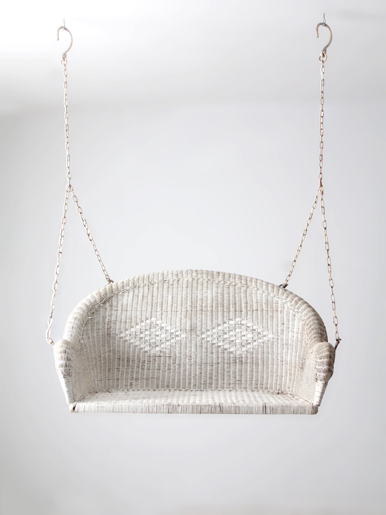 vintage white wicker hanging bench, ca 1930s-1940s