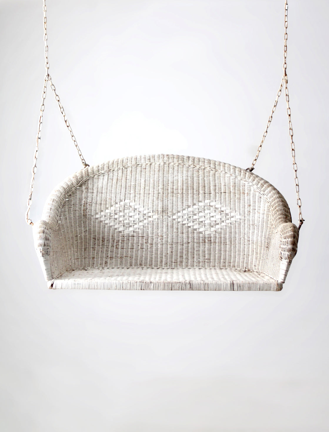 vintage white wicker hanging bench, ca 1930s-1940s