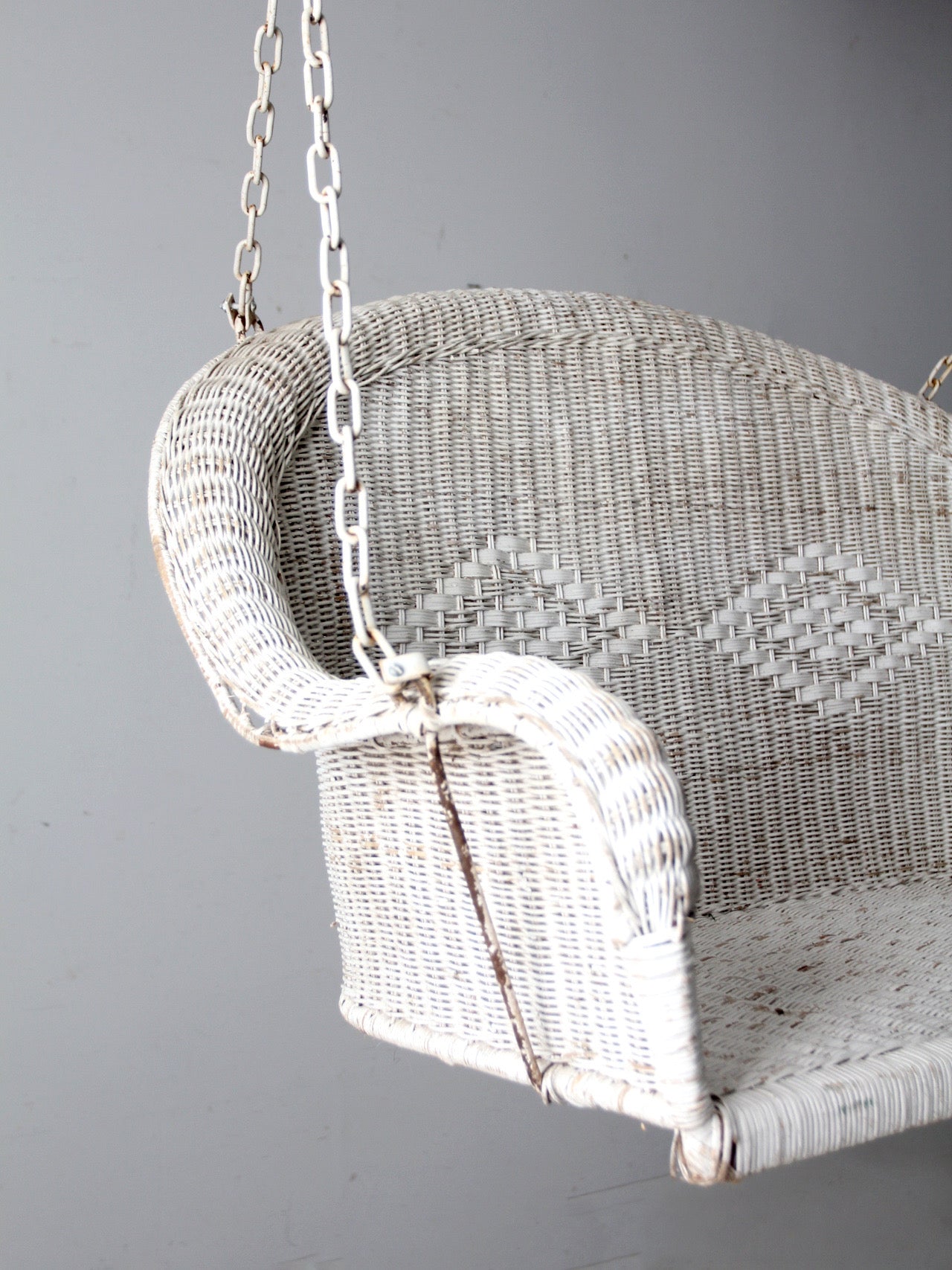 vintage white wicker hanging bench, ca 1930s-1940s