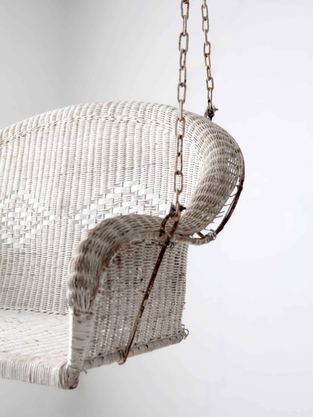 vintage white wicker hanging bench, ca 1930s-1940s