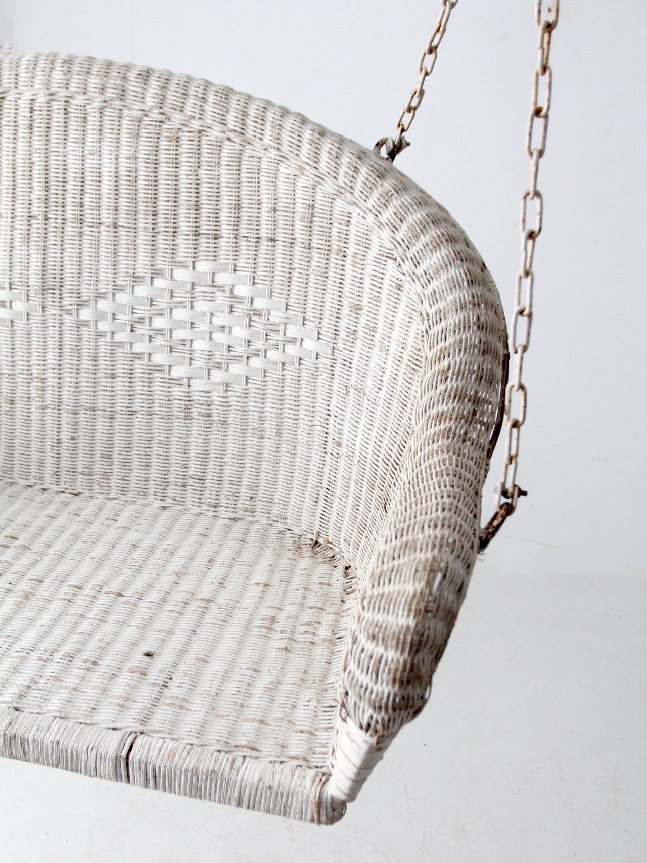 vintage white wicker hanging bench, ca 1930s-1940s