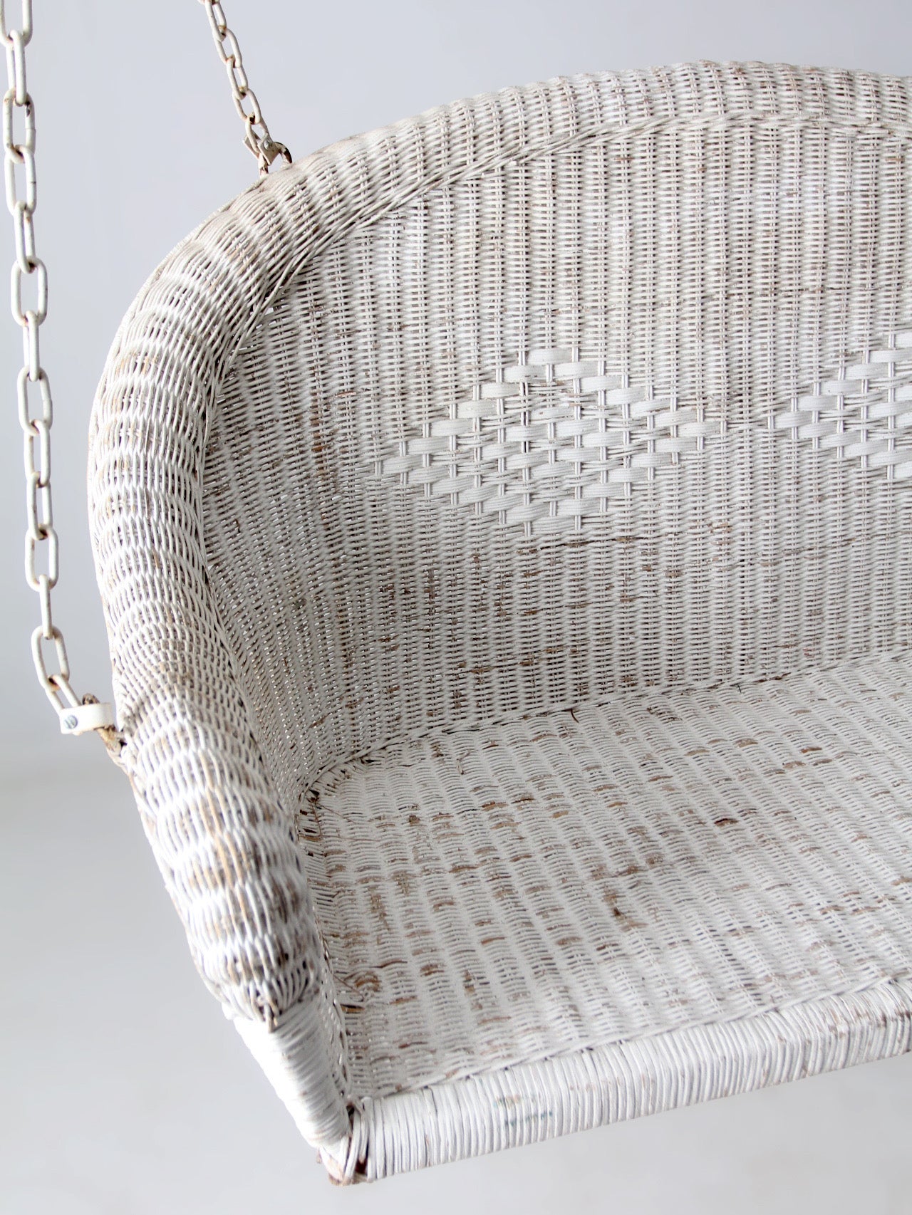 vintage white wicker hanging bench, ca 1930s-1940s