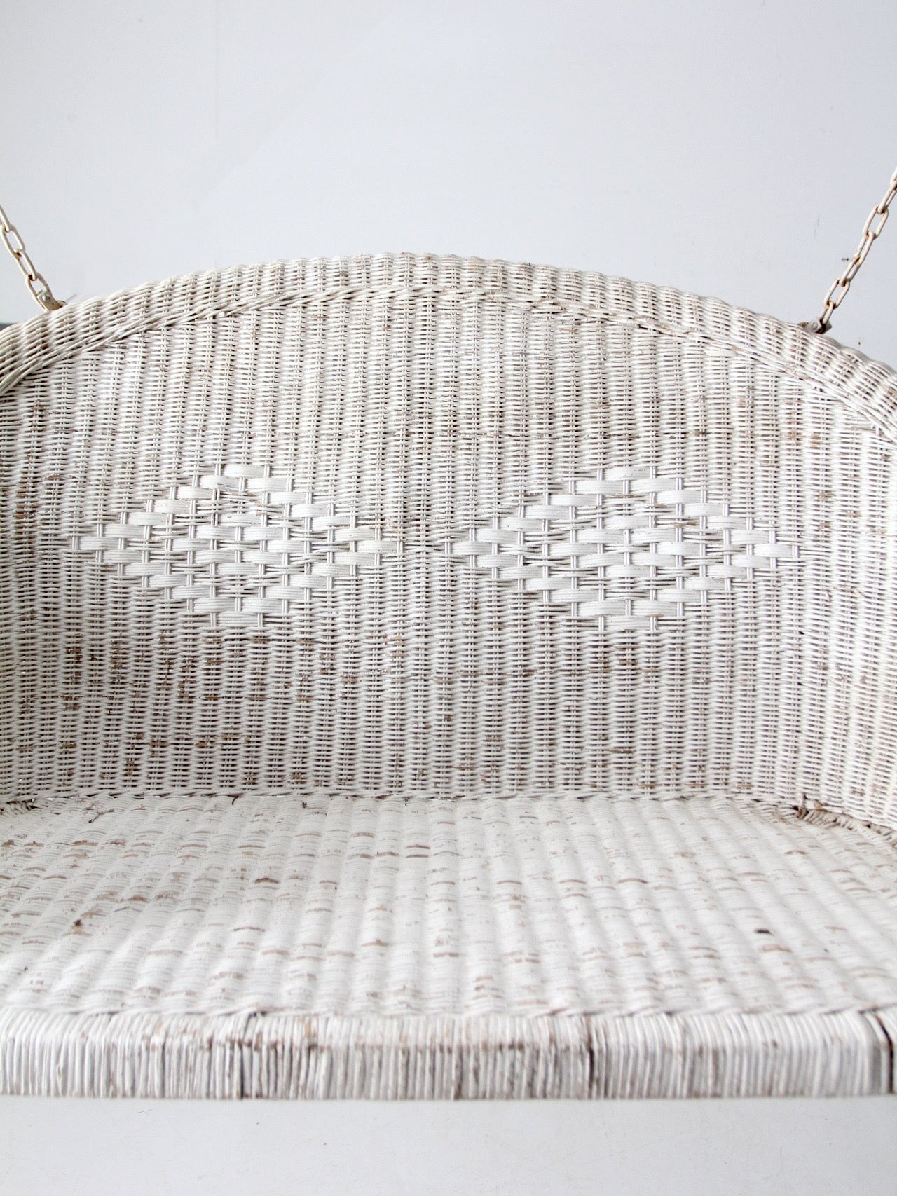 vintage white wicker hanging bench, ca 1930s-1940s