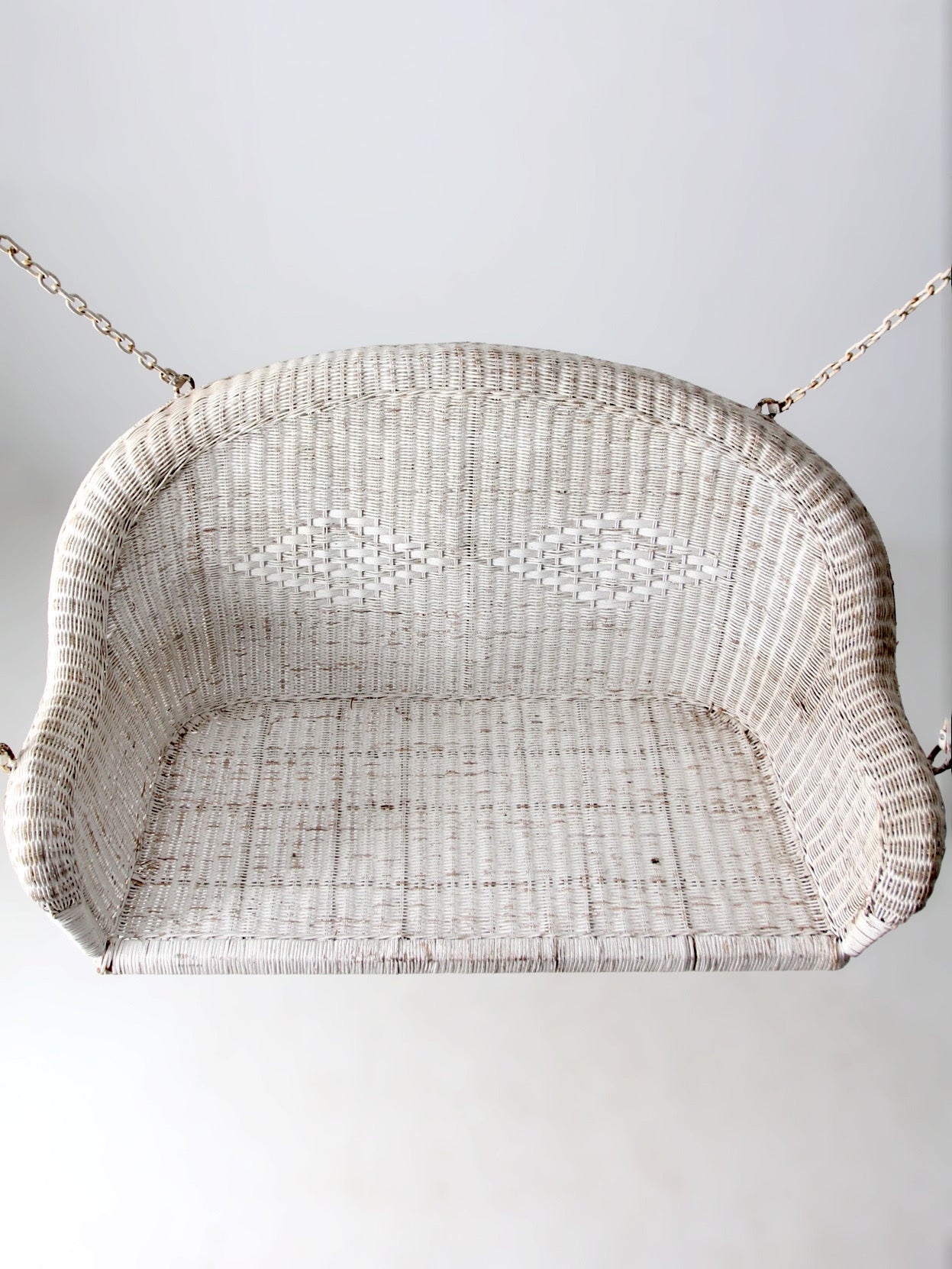 vintage white wicker hanging bench, ca 1930s-1940s