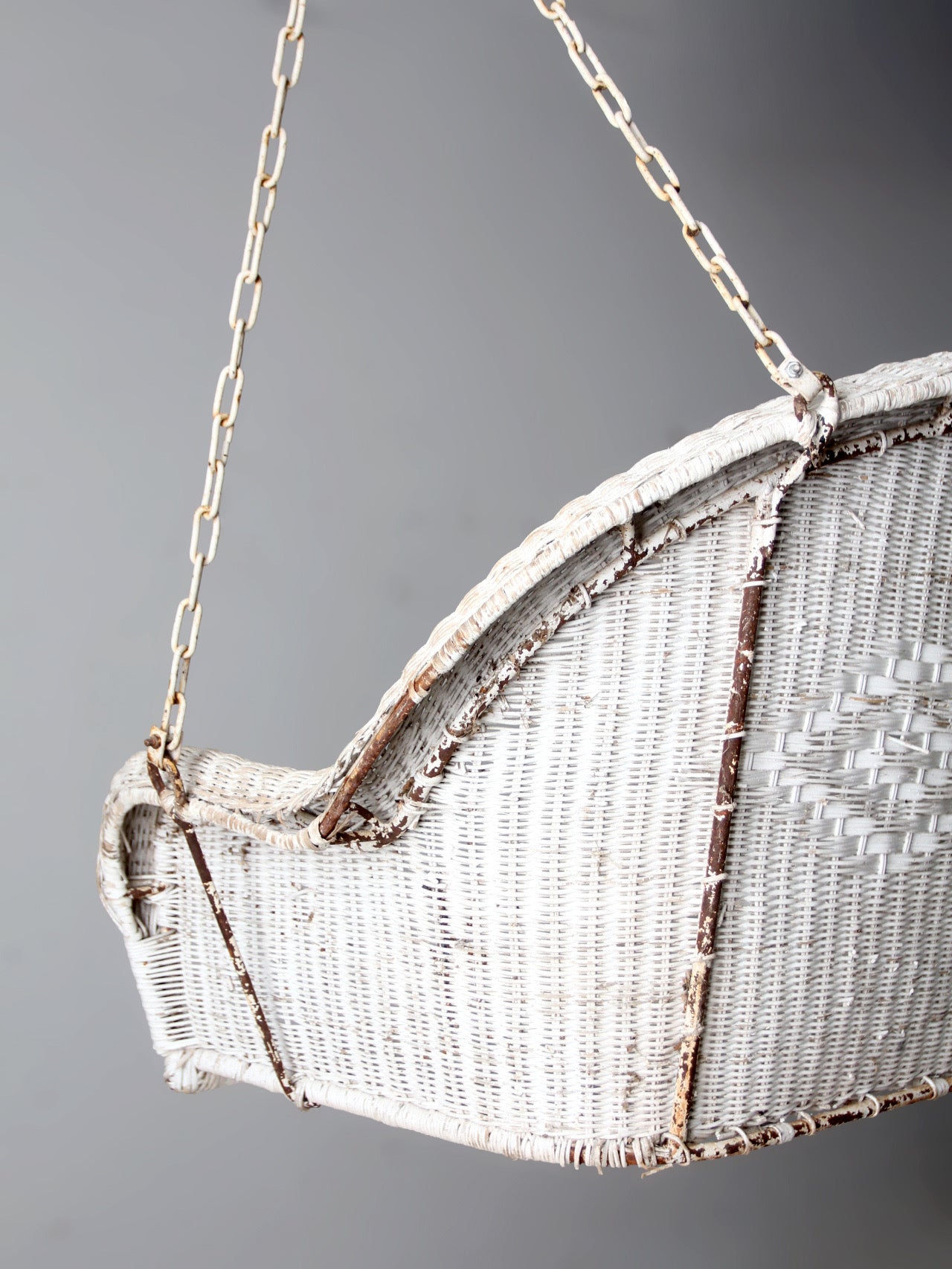 vintage white wicker hanging bench, ca 1930s-1940s