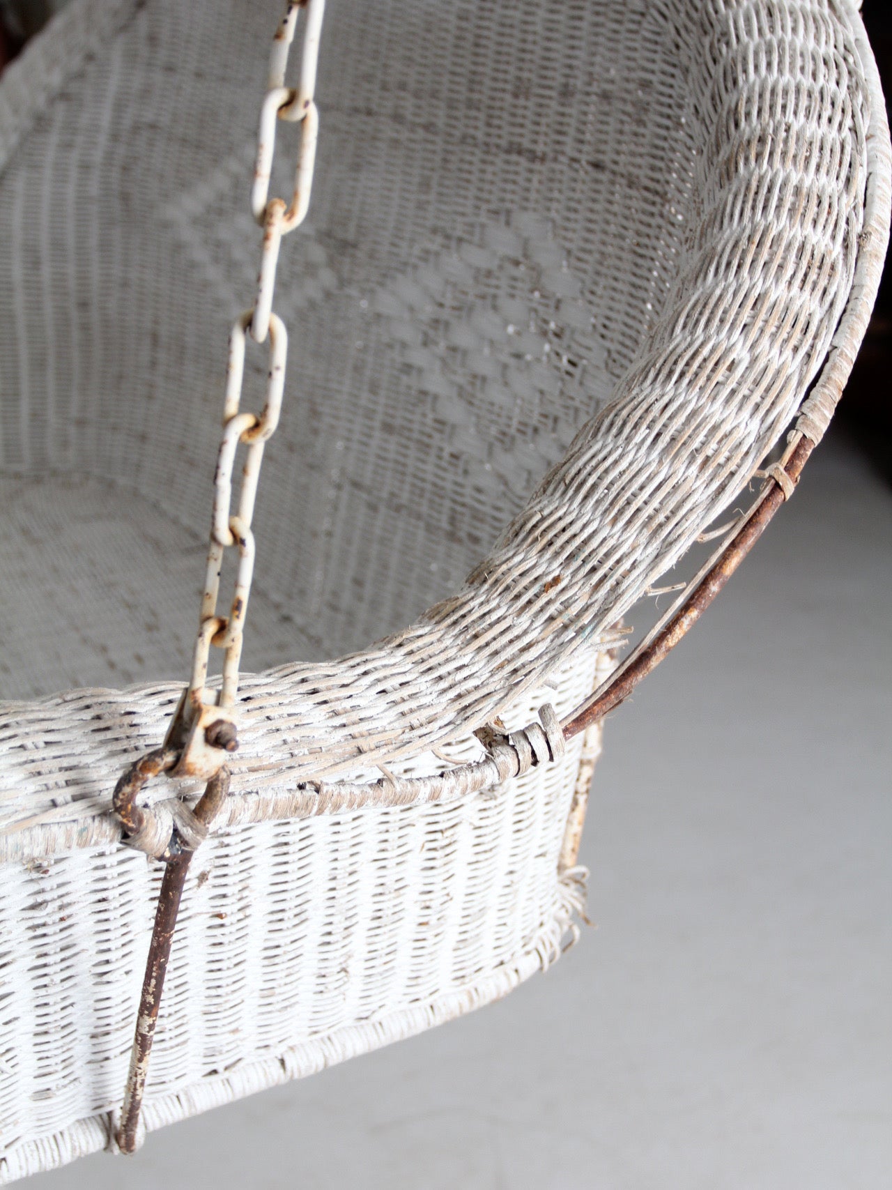 vintage white wicker hanging bench, ca 1930s-1940s