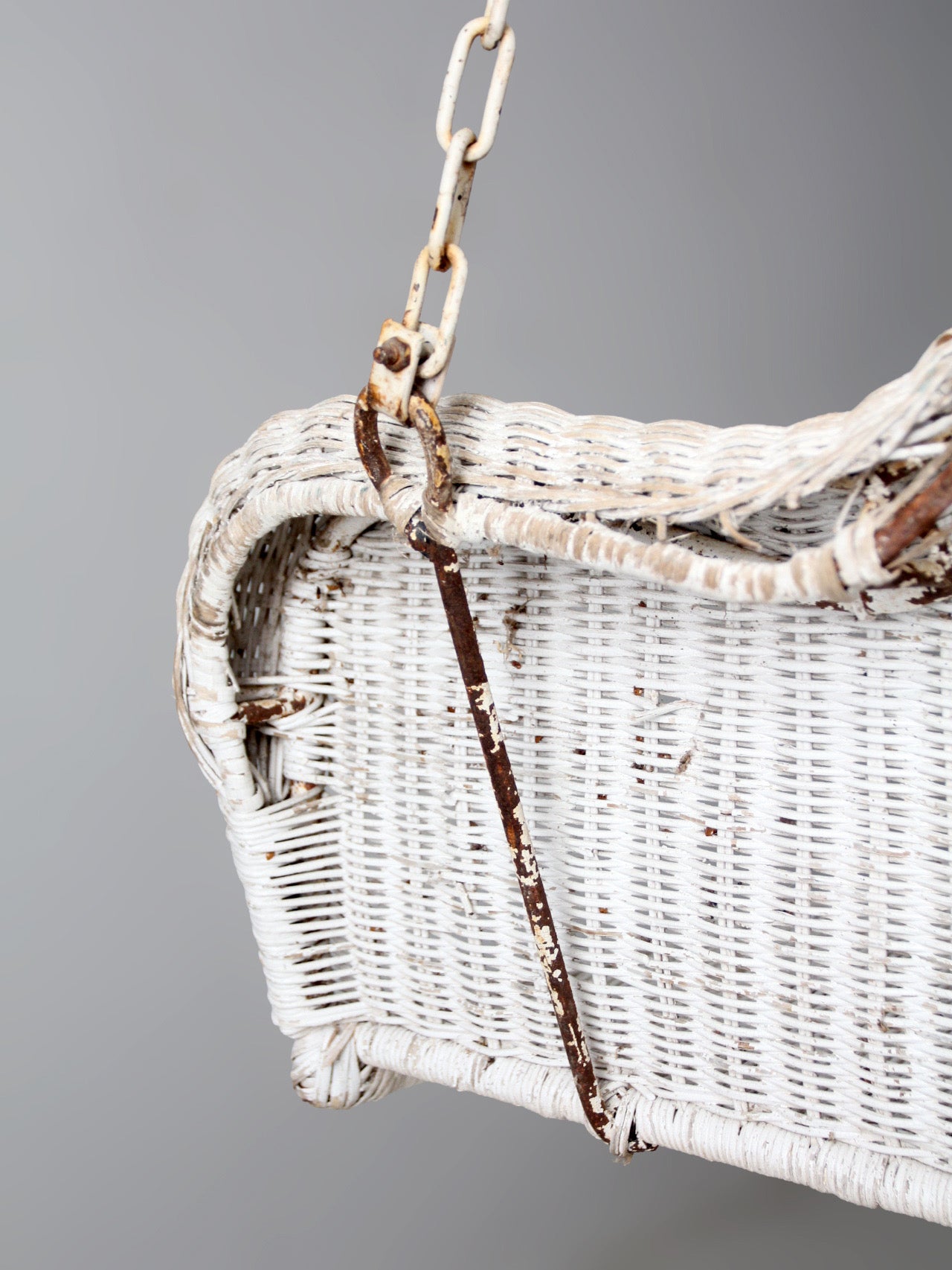 vintage white wicker hanging bench, ca 1930s-1940s