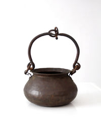 antique hand hammered copper hearth pot with iron handle