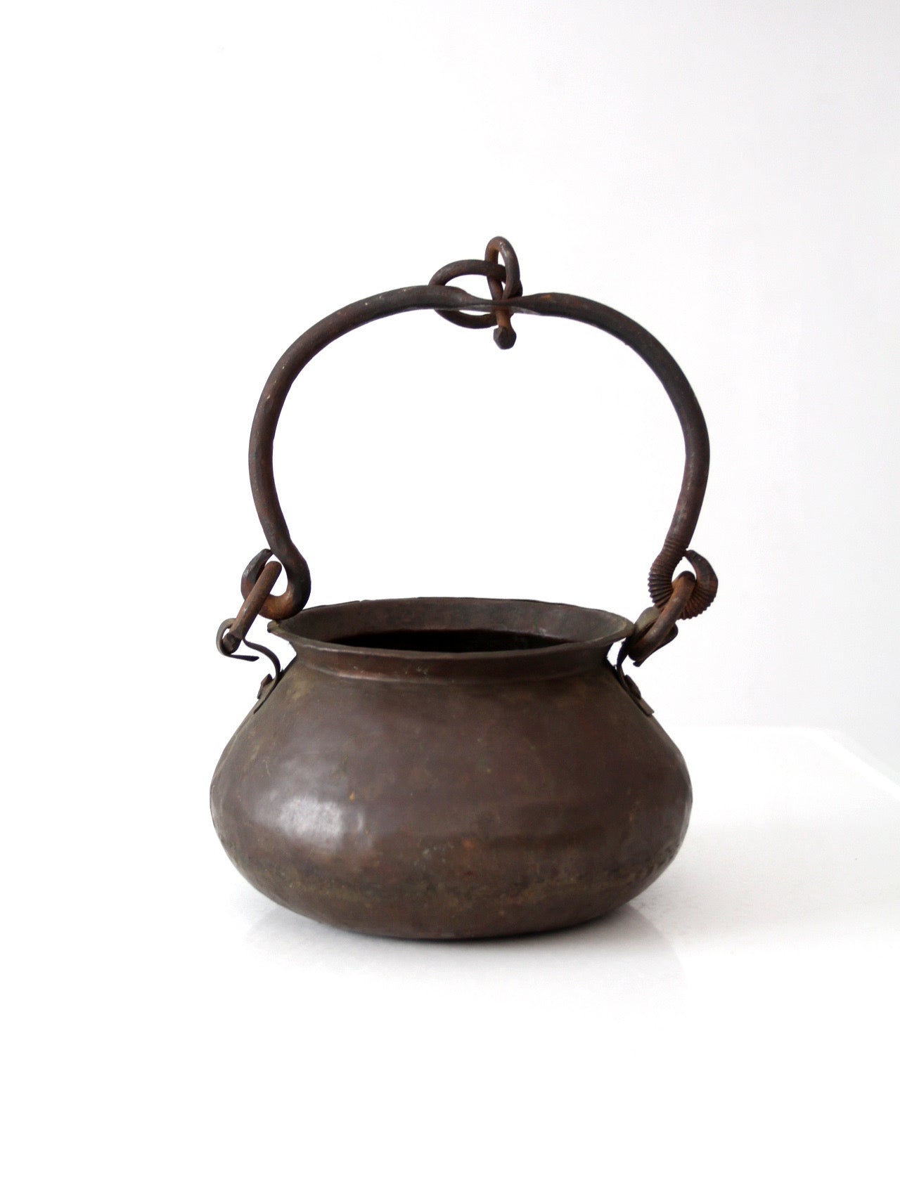 antique hand hammered copper hearth pot with iron handle