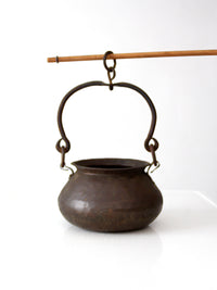 antique hand hammered copper hearth pot with iron handle