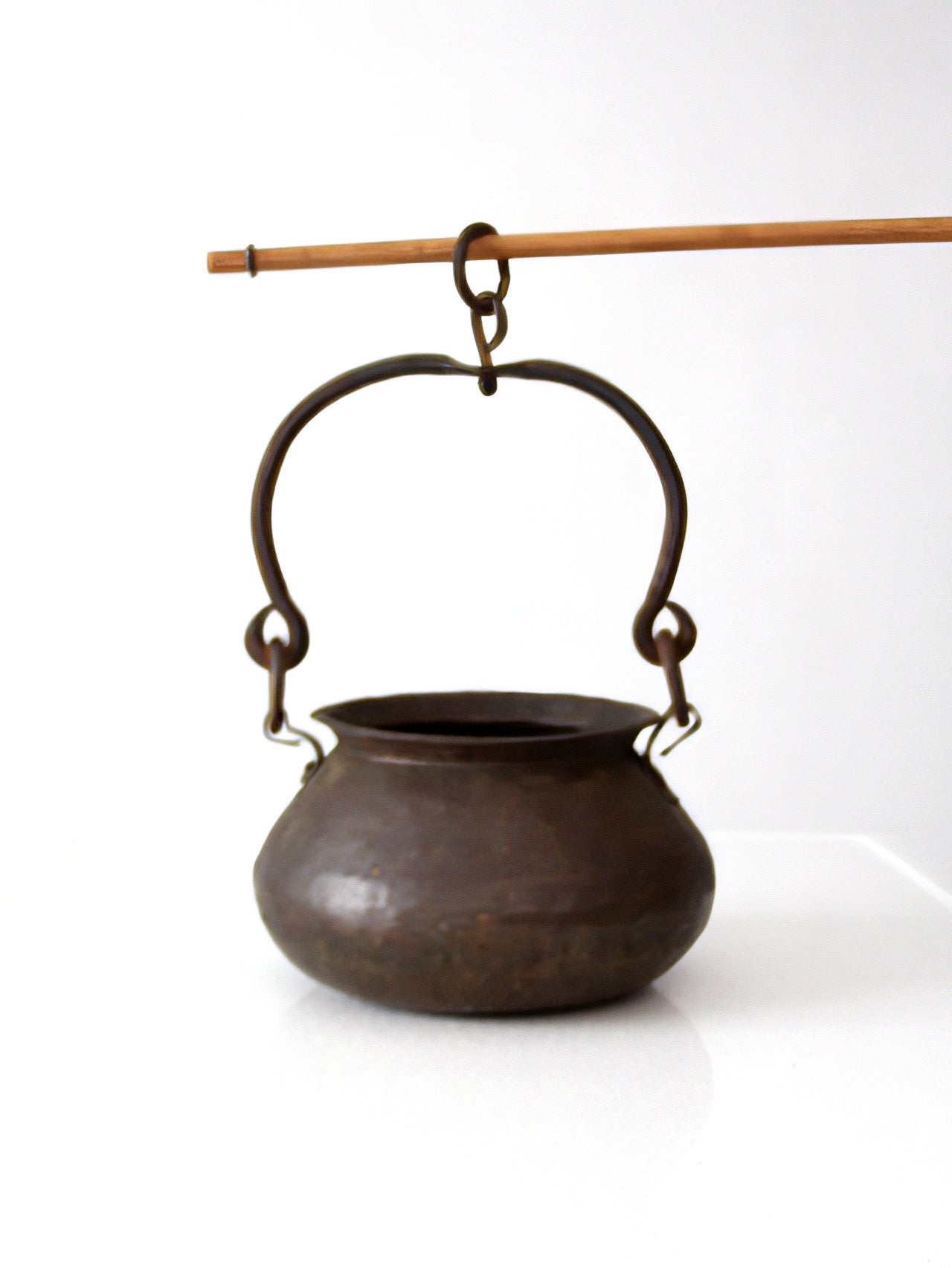 antique hand hammered copper hearth pot with iron handle