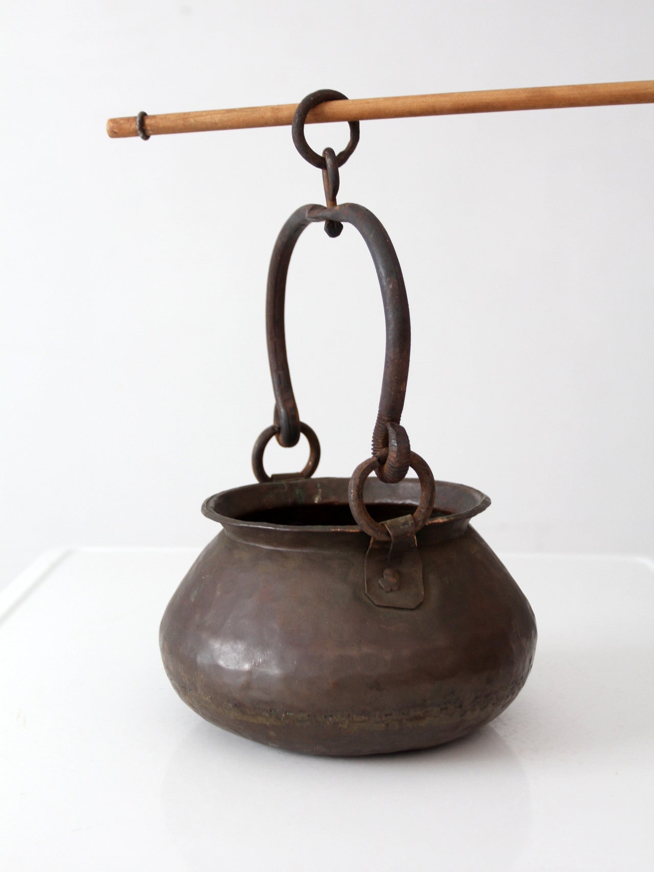antique hand hammered copper hearth pot with iron handle