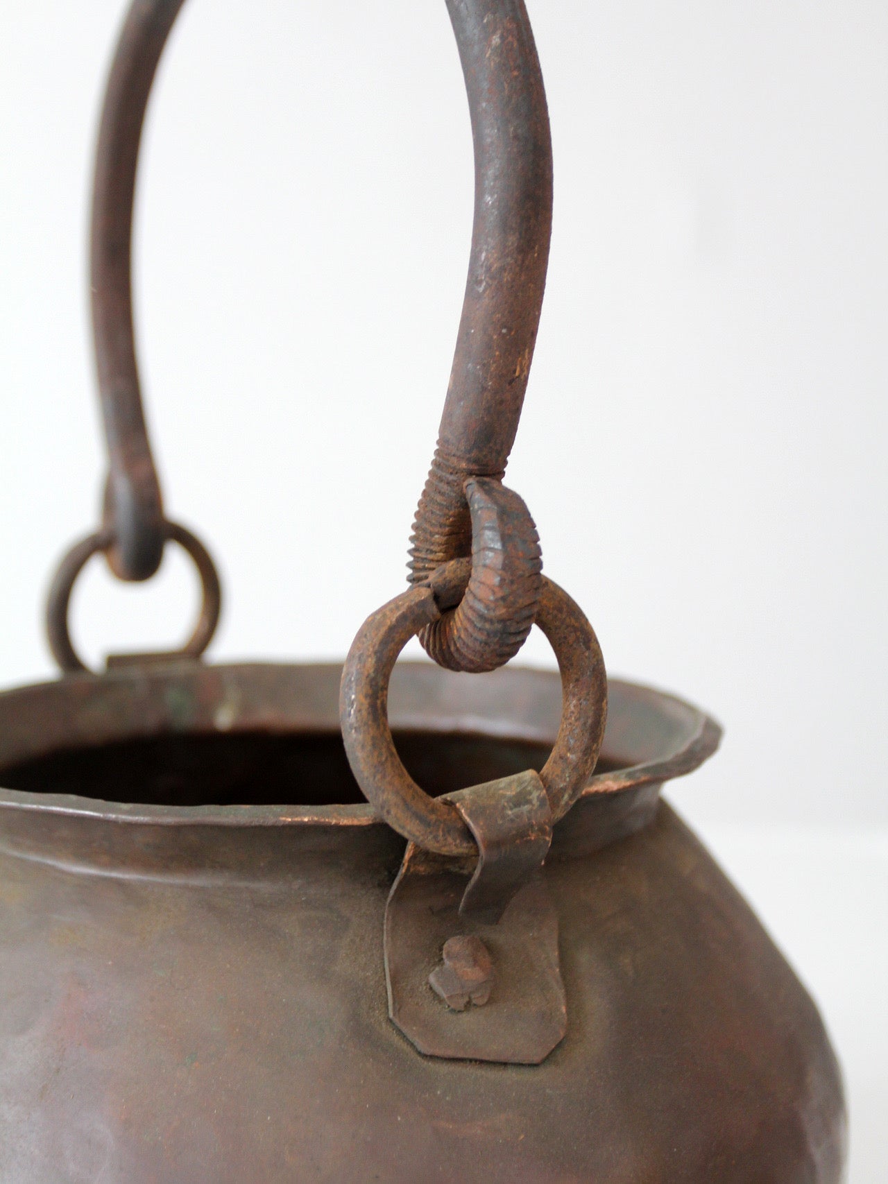 antique hand hammered copper hearth pot with iron handle