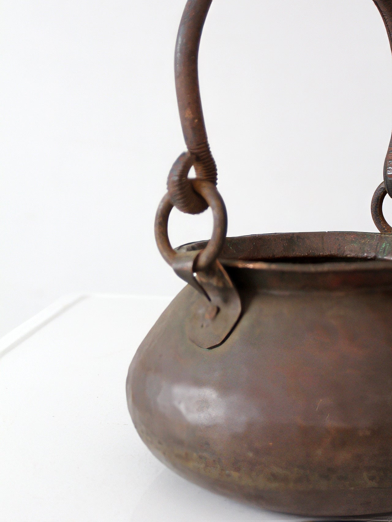 antique hand hammered copper hearth pot with iron handle