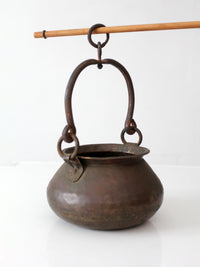 antique hand hammered copper hearth pot with iron handle