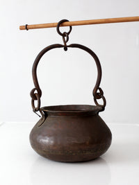 antique hand hammered copper hearth pot with iron handle